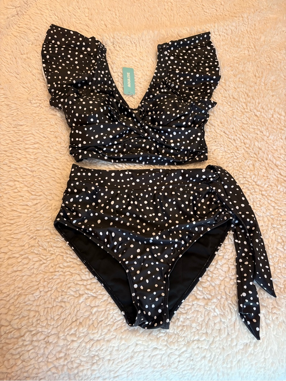 NWT Aqua Eve Size S Polka Dot Ruffle High Waist Bikini Set Black White